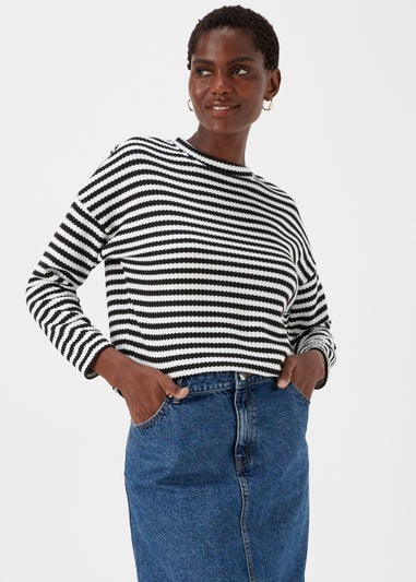 Black Stripe Crewneck Textured Top