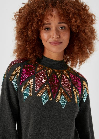 Charcoal Sequin Yoke Tunic Dress