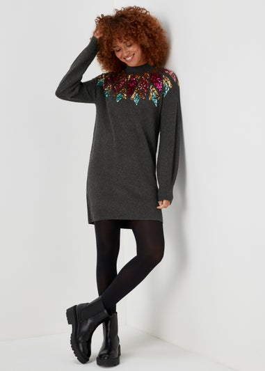 Charcoal Sequin Yoke Tunic Dress
