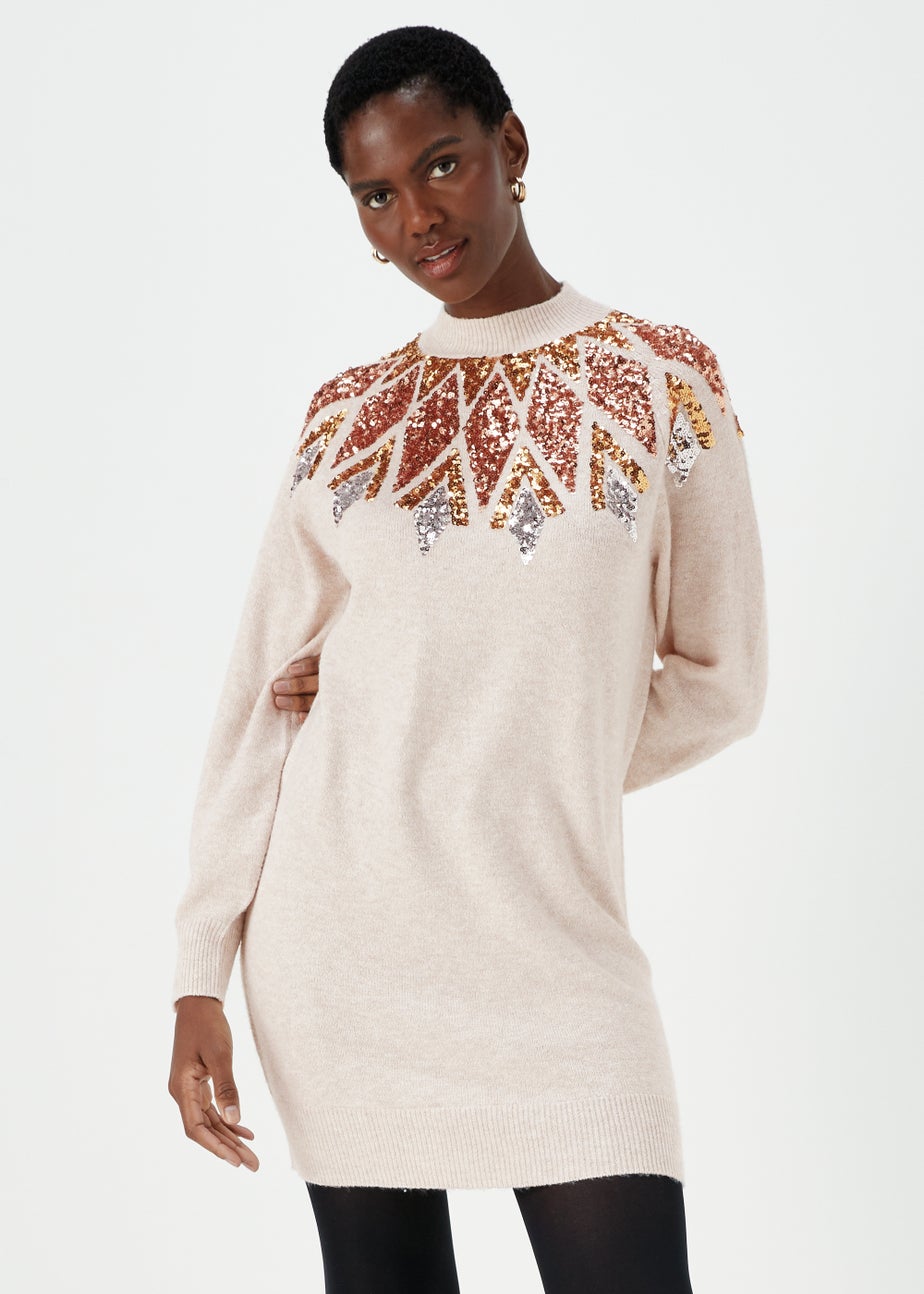 Oatmeal Sequin Yoke Tunic Dress