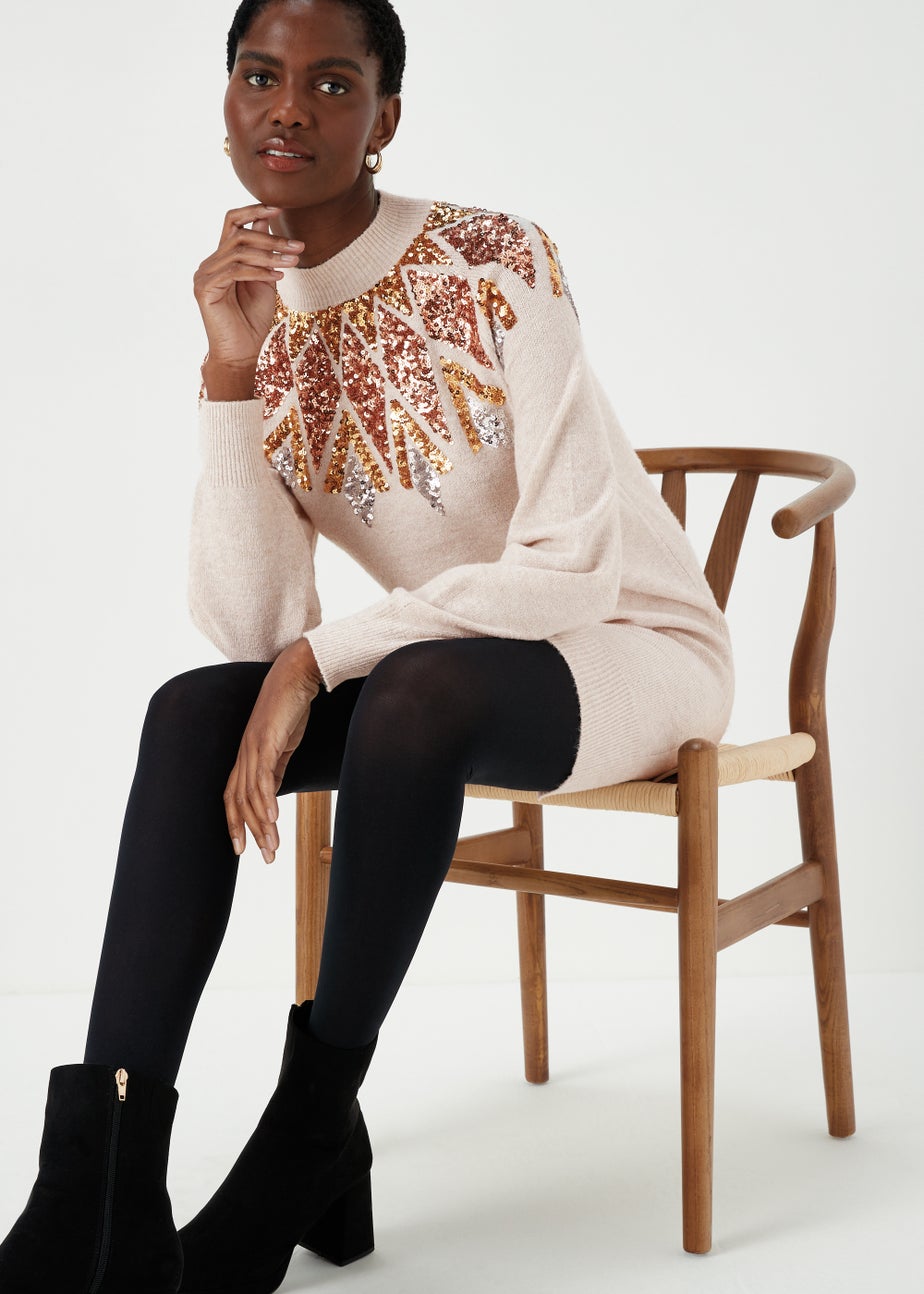 Oatmeal Sequin Yoke Tunic Dress