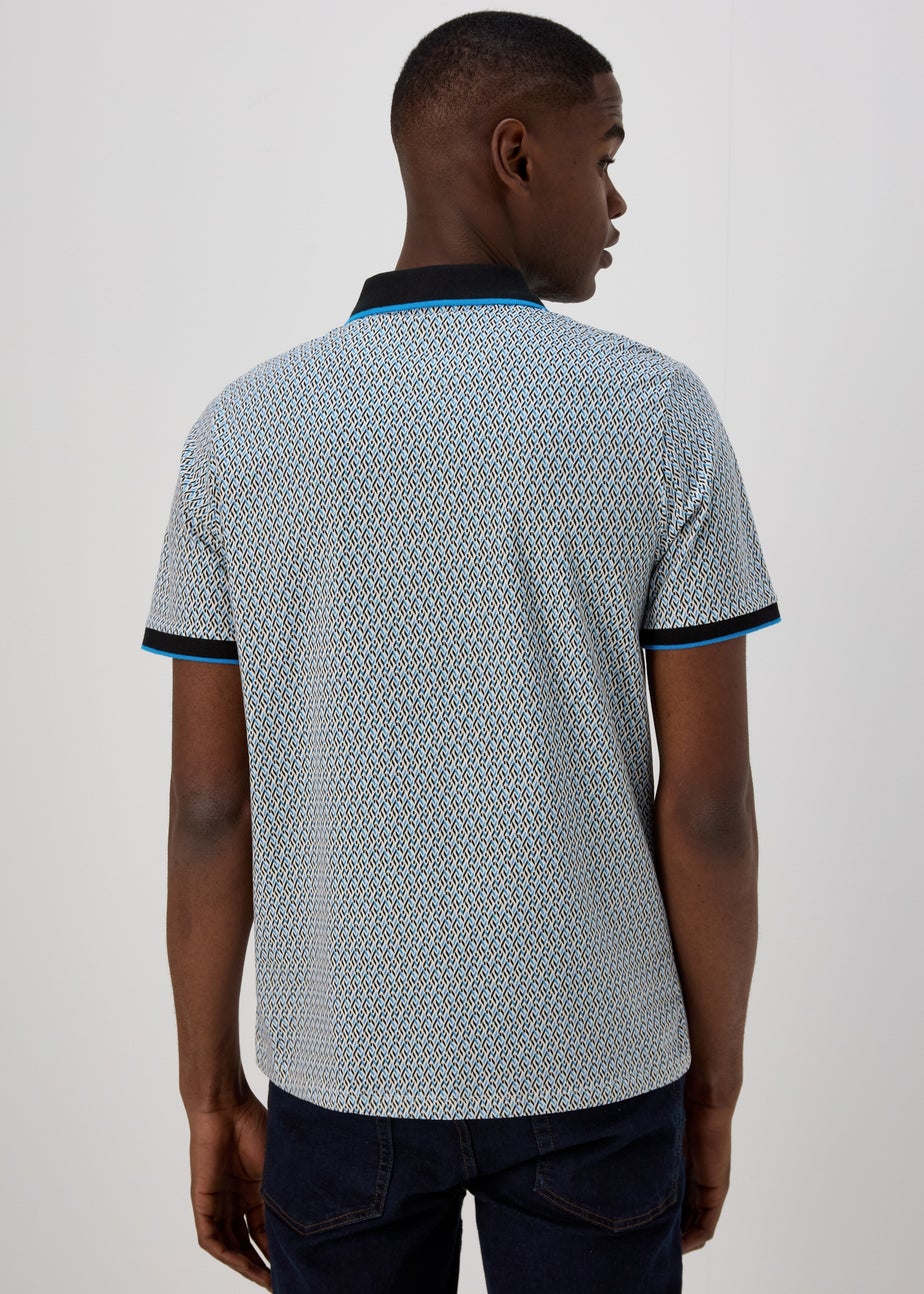 Blue & White Print Polo Shirt