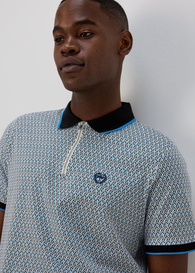 Blue & White Print Polo Shirt
