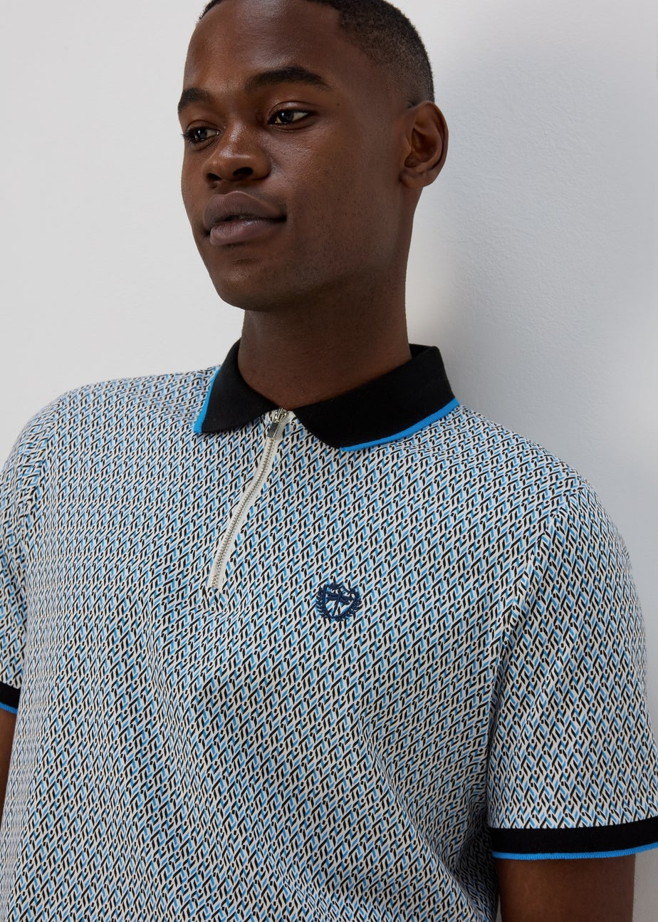 Blue & White Print Polo Shirt