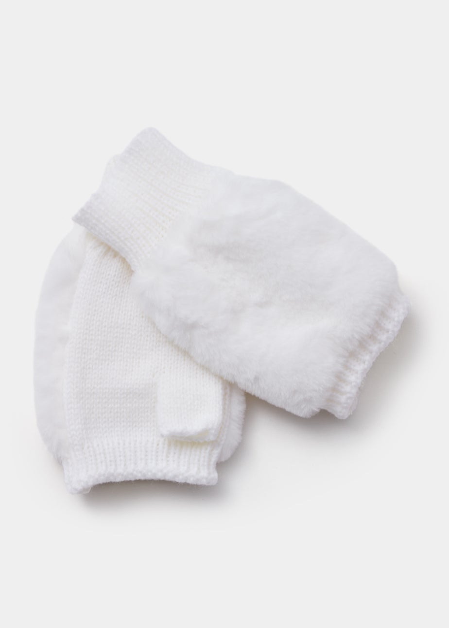Girls Cream Faux Fur Fingerless Gloves (7-13yrs)