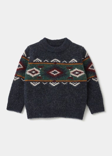 Boys Mini Me Navy Aztec Knitted Jumper (9mths-4yrs)