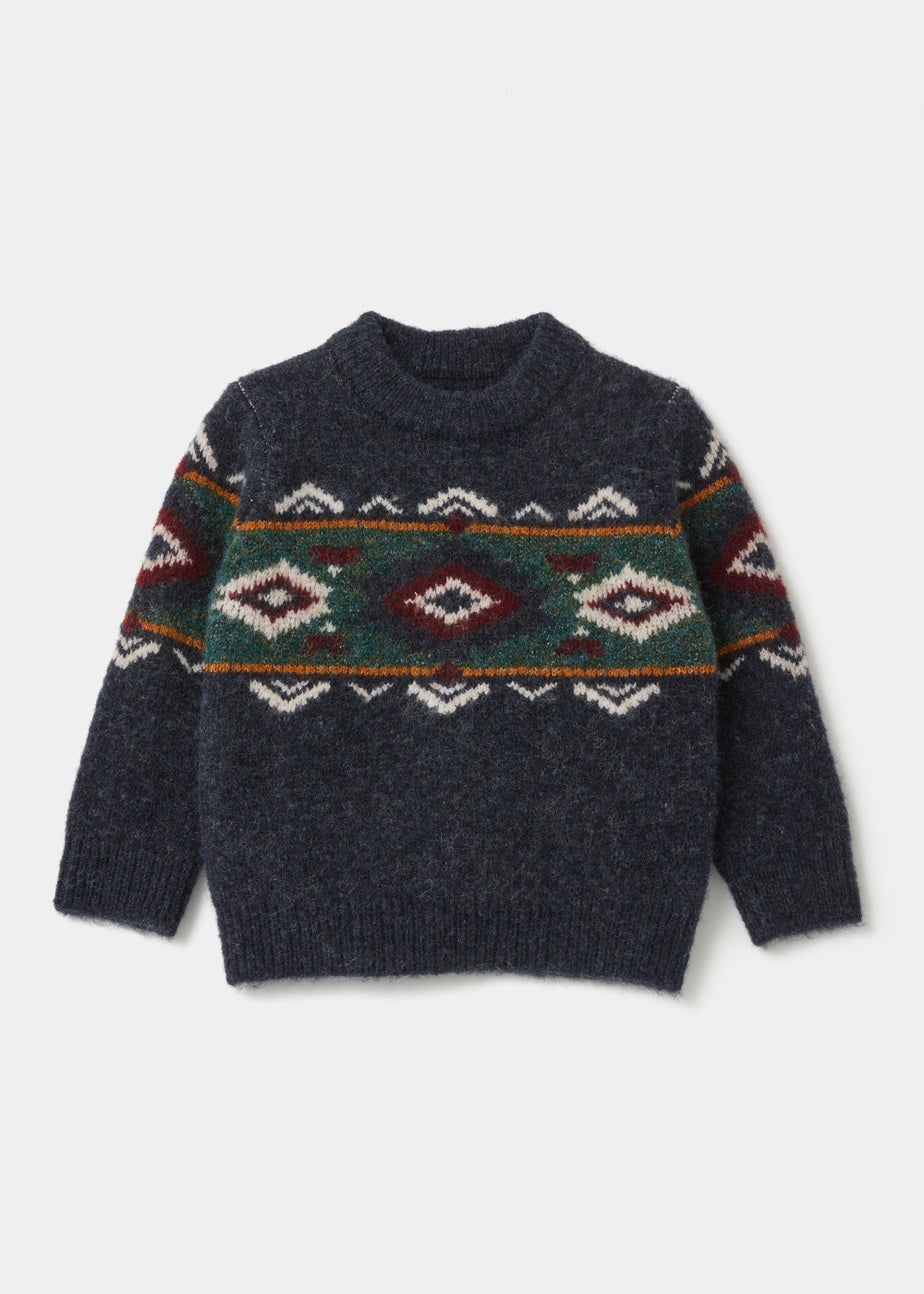 Boys Mini Me Navy Aztec Knitted Jumper (9mths-4yrs)