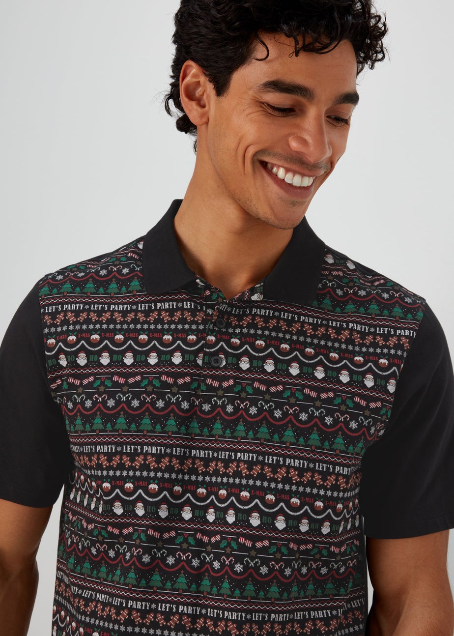 Black Christmas Wrapping Paper Print Polo Shirt