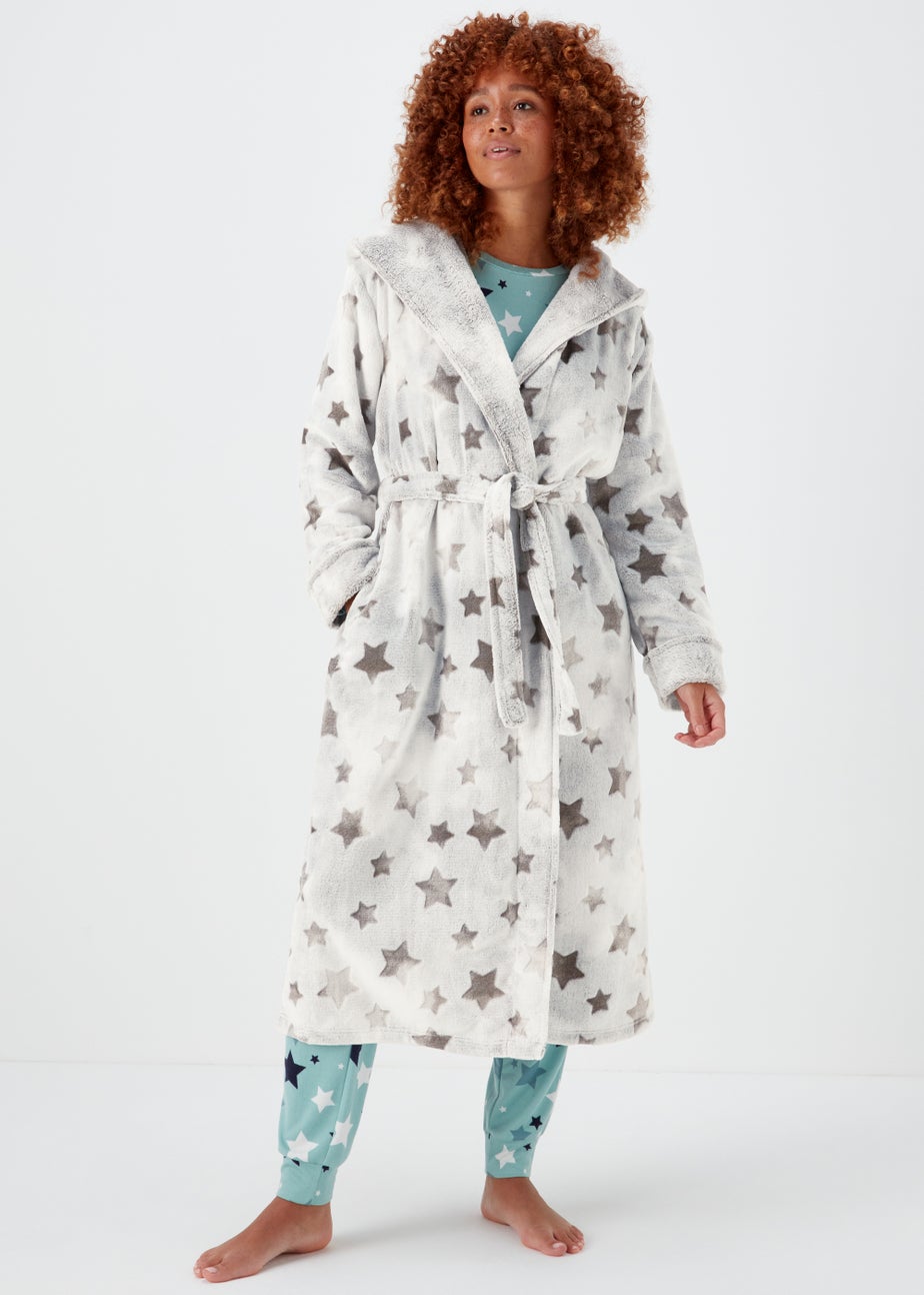 Grey Star Print Textured Hooded Dressing Gown Matalan