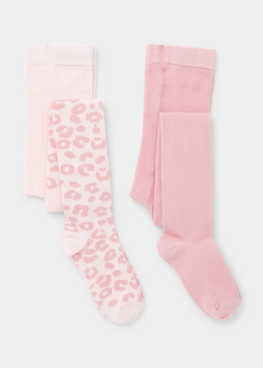 Kids 2 Pack Pink Plain & Leopard Print Tights (2-9yrs)