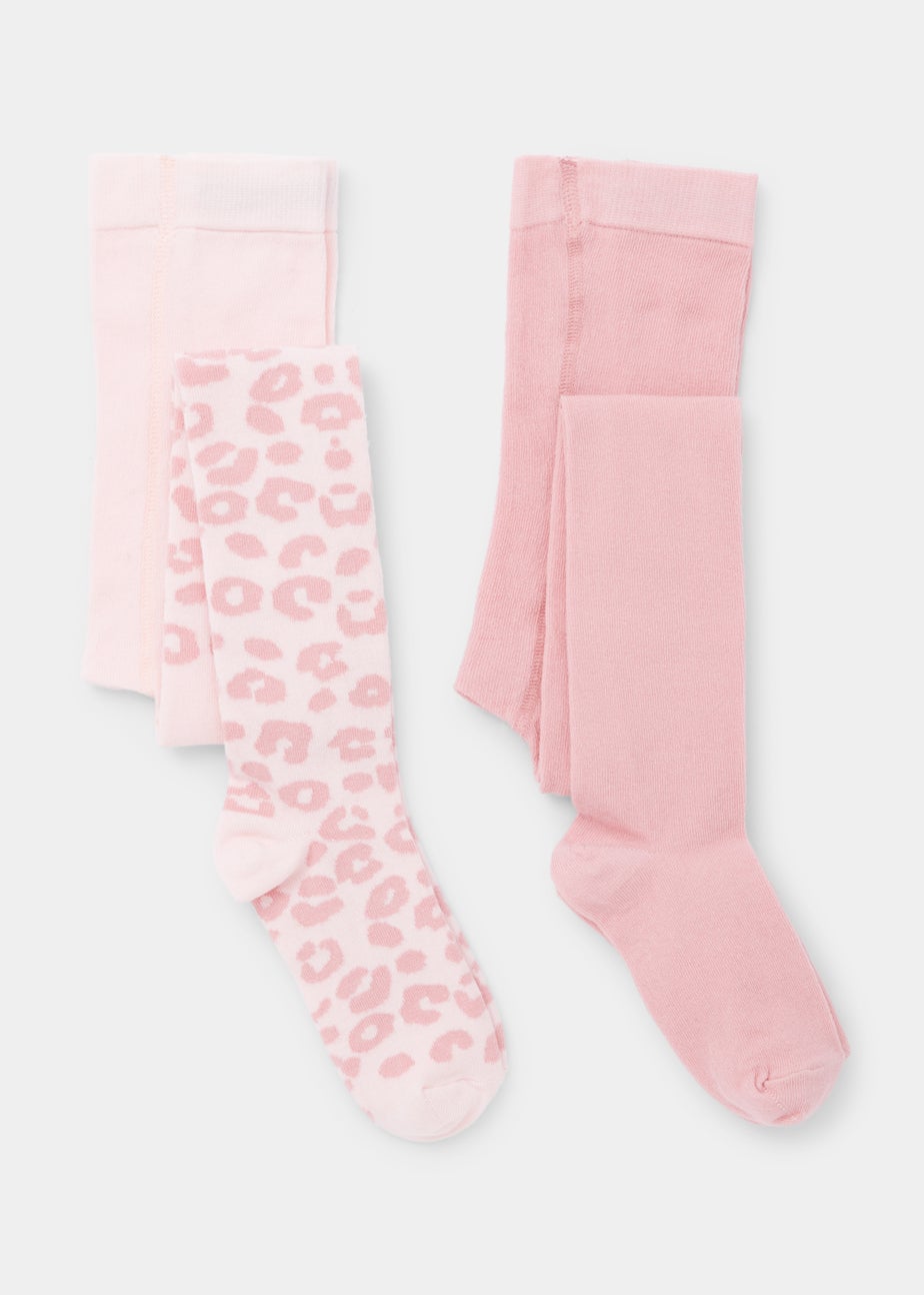 Kids 2 Pack Pink Plain & Leopard Print Tights (2-9yrs)