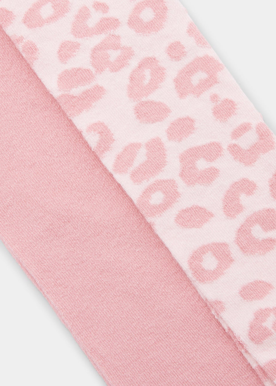 Kids 2 Pack Pink Plain & Leopard Print Tights (2-9yrs)