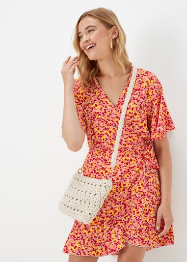 Orange Ditsy Crinkle Jersey Wrap Mini Dress