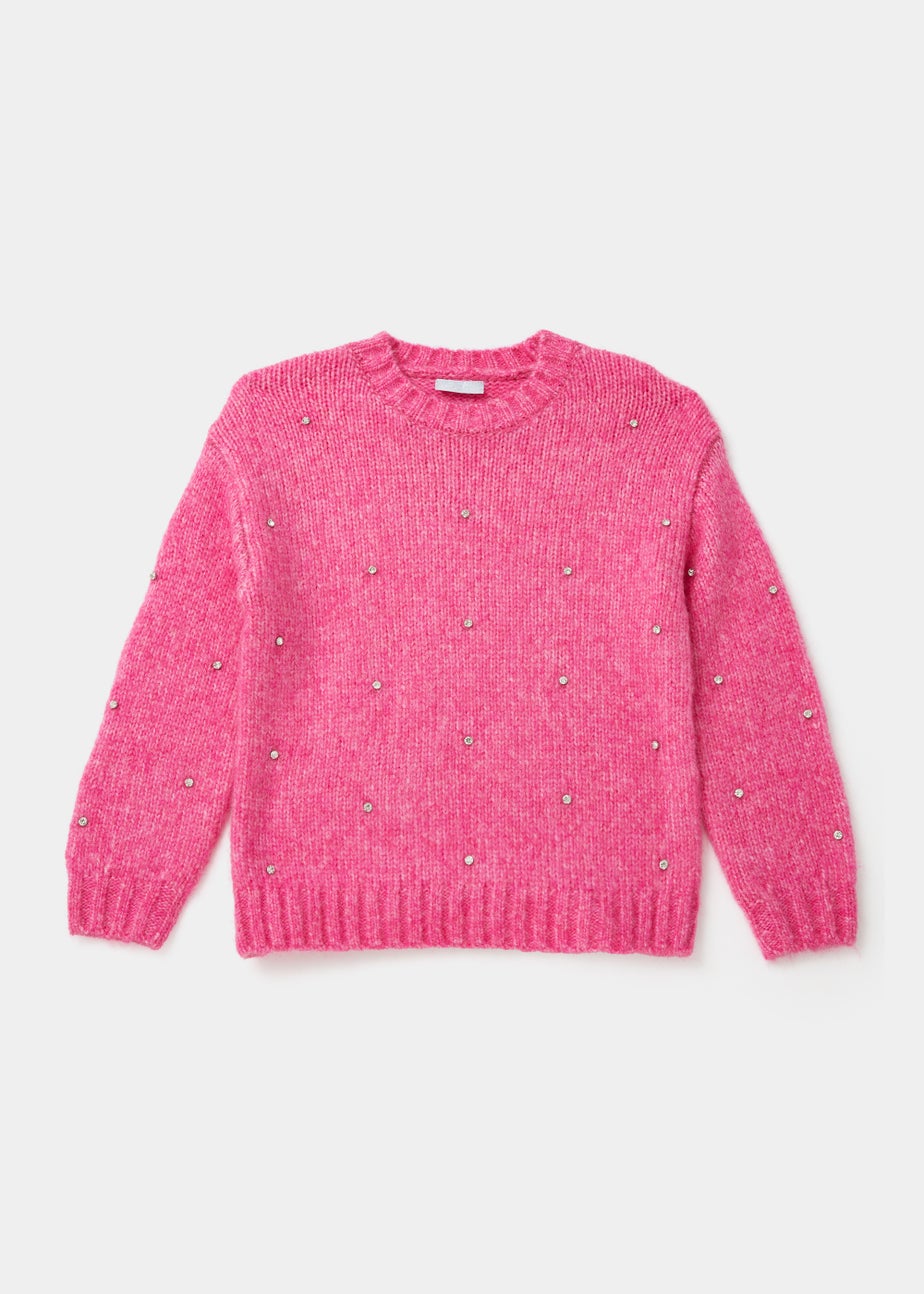 Girls Pink Diamante Jumper (4-13yrs)