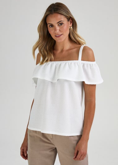 White Textured Stripe Bardot Top