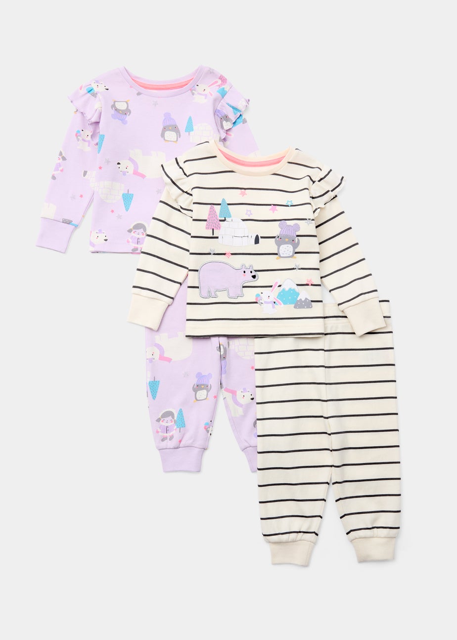 Girls 2 Pack Stripe & Arctic Animal Pyjama Sets (9mths-5yrs)
