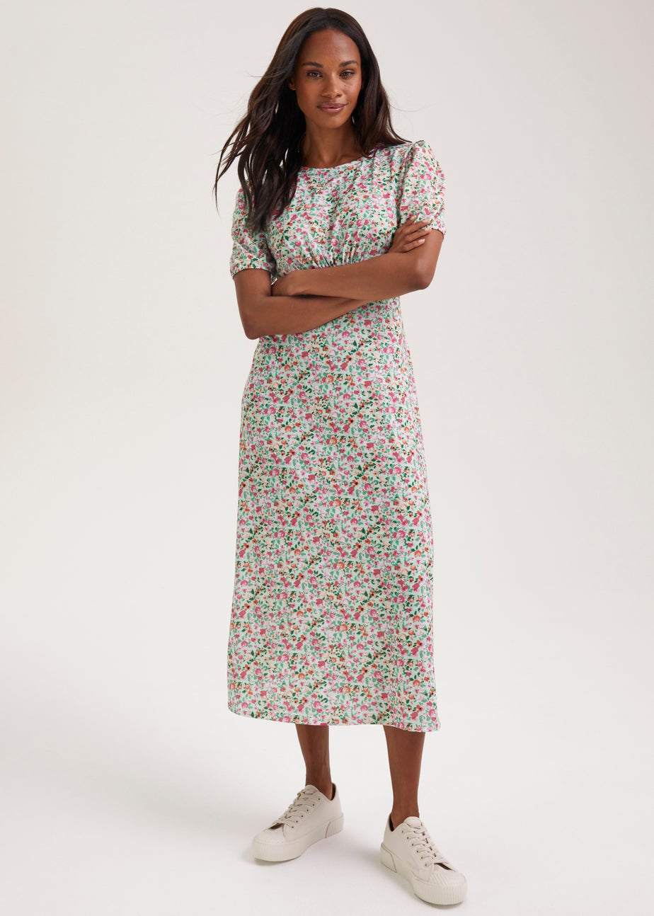 Womens Dresses Midi Length T Shirt Dress Green Ditsy Print Short Sleeve  Midi Dress Matalan