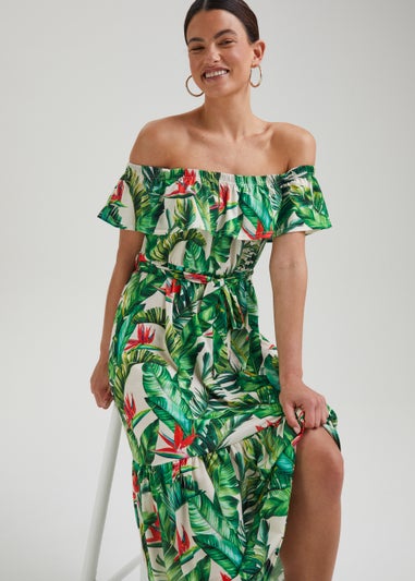 Green Tropical Print Belted Bardot Dress