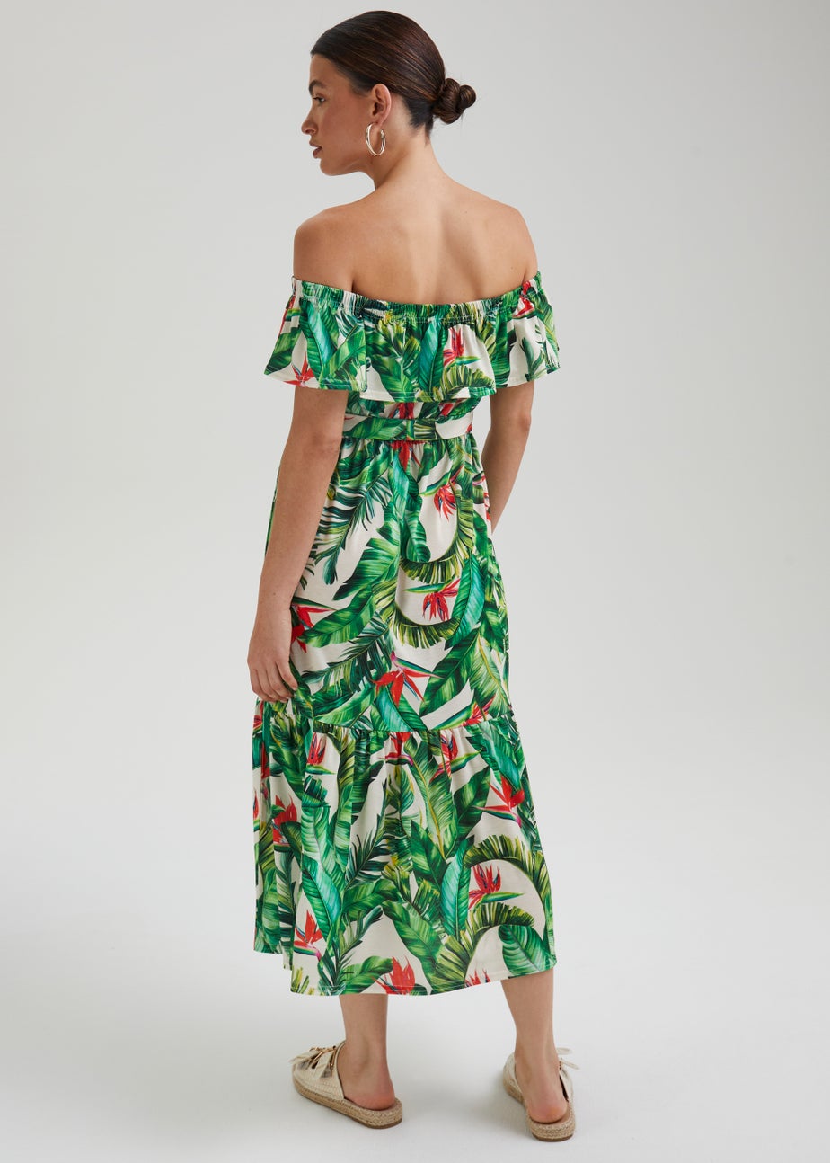 Green Tropical Print Belted Bardot Dress