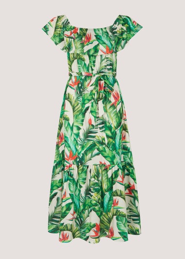 Green Tropical Print Belted Bardot Dress