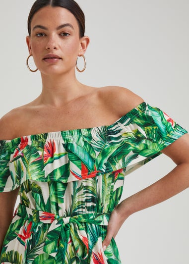 Green Tropical Print Belted Bardot Dress