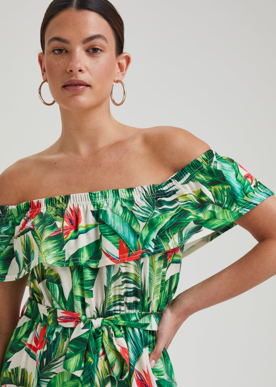 Green Tropical Print Belted Bardot Dress