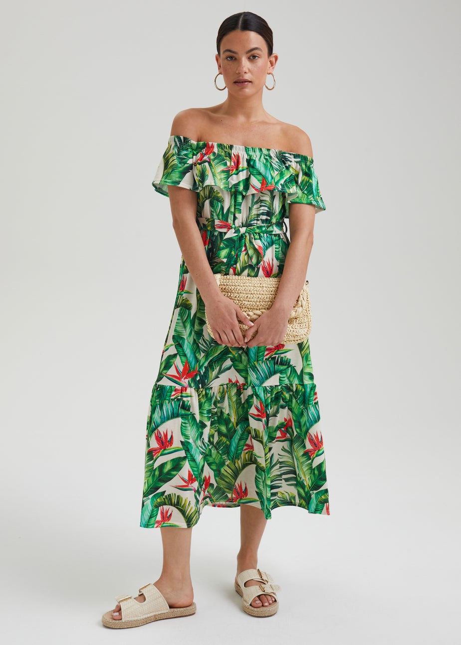 Green Tropical Print Belted Bardot Dress