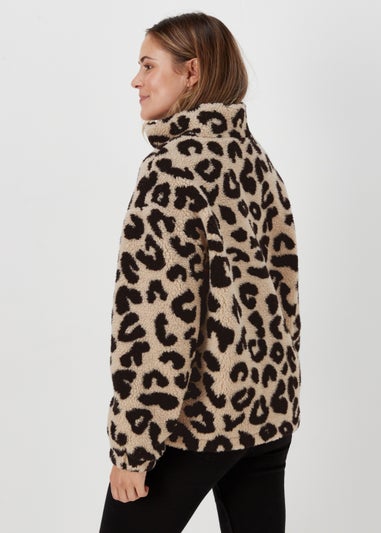 Cream Leopard Print Borg Half Zip Sweatshirt