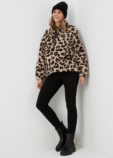 Cream Leopard Print Borg Half Zip Sweatshirt
