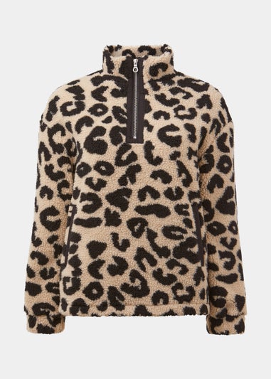 Cream Leopard Print Borg Half Zip Sweatshirt