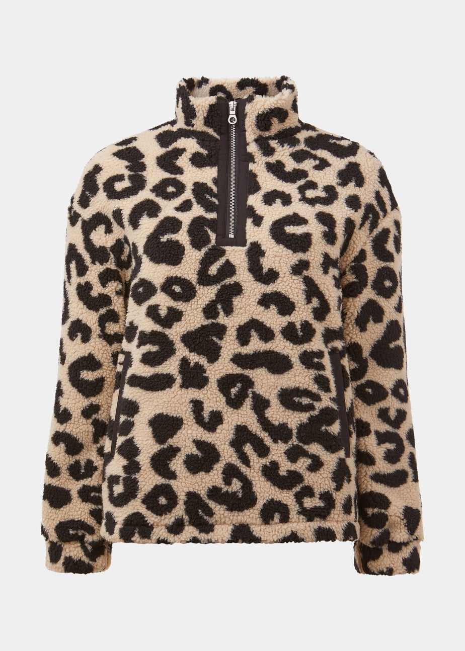 Cream Leopard Print Borg Half Zip Sweatshirt