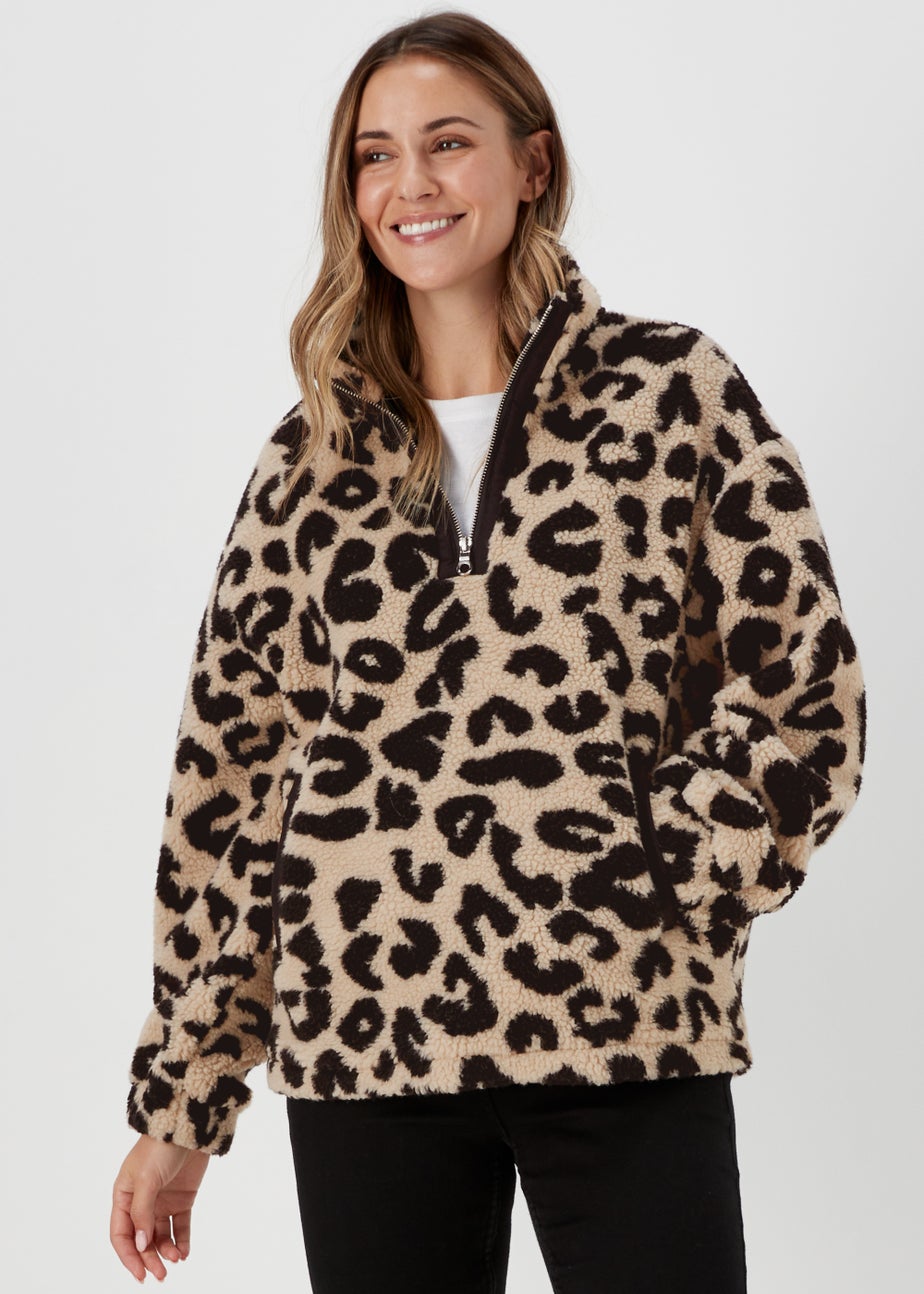 Cream Leopard Print Borg Half Zip Sweatshirt