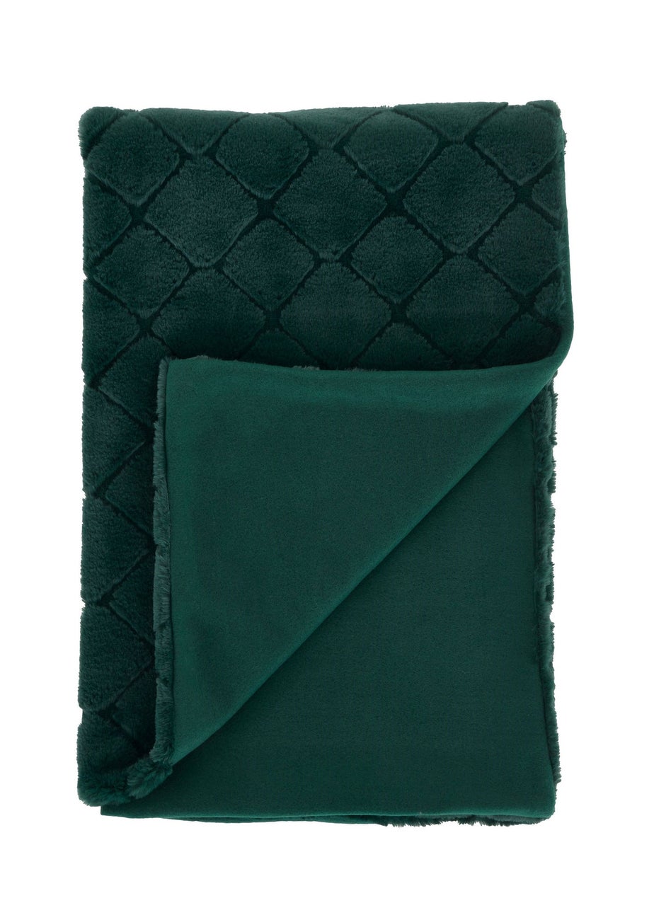Catherine Lansfield Cosy Diamond Faux Fur Soft 130x170cm Blanket Throw Bottle Green