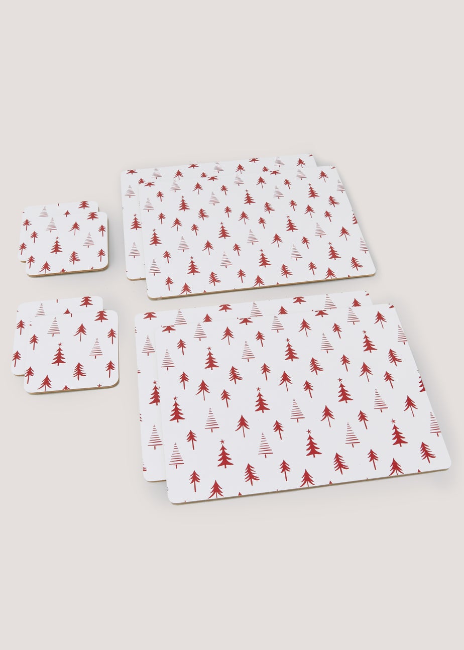 8 Pack Red Christmas Tree Placemats & Coasters Set