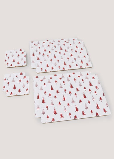8 Pack Red Christmas Tree Placemats & Coasters Set