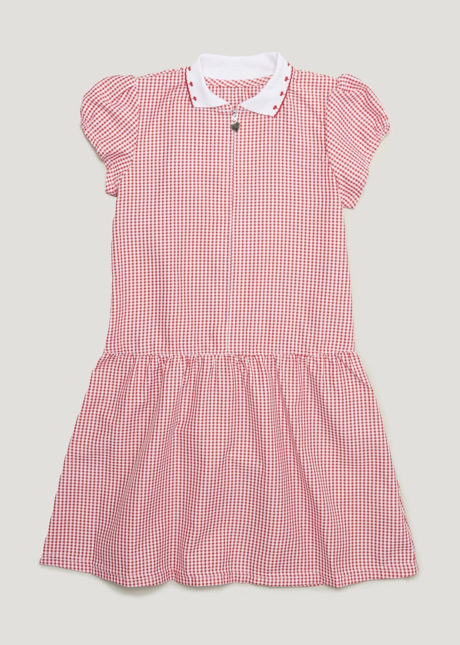Girls Red Knitted Collar Gingham School Dress (3-14yrs)