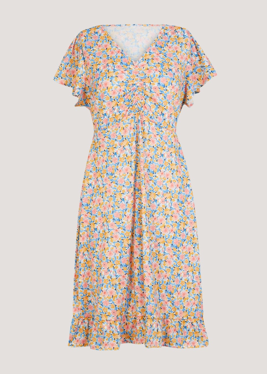 Multicoloured Ruched Angle Sleeve Midi Dress