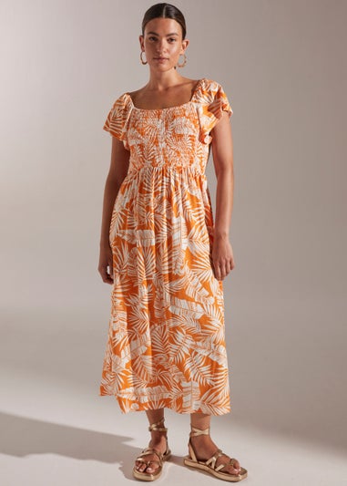 Orange Leaf Print Shirred Dress