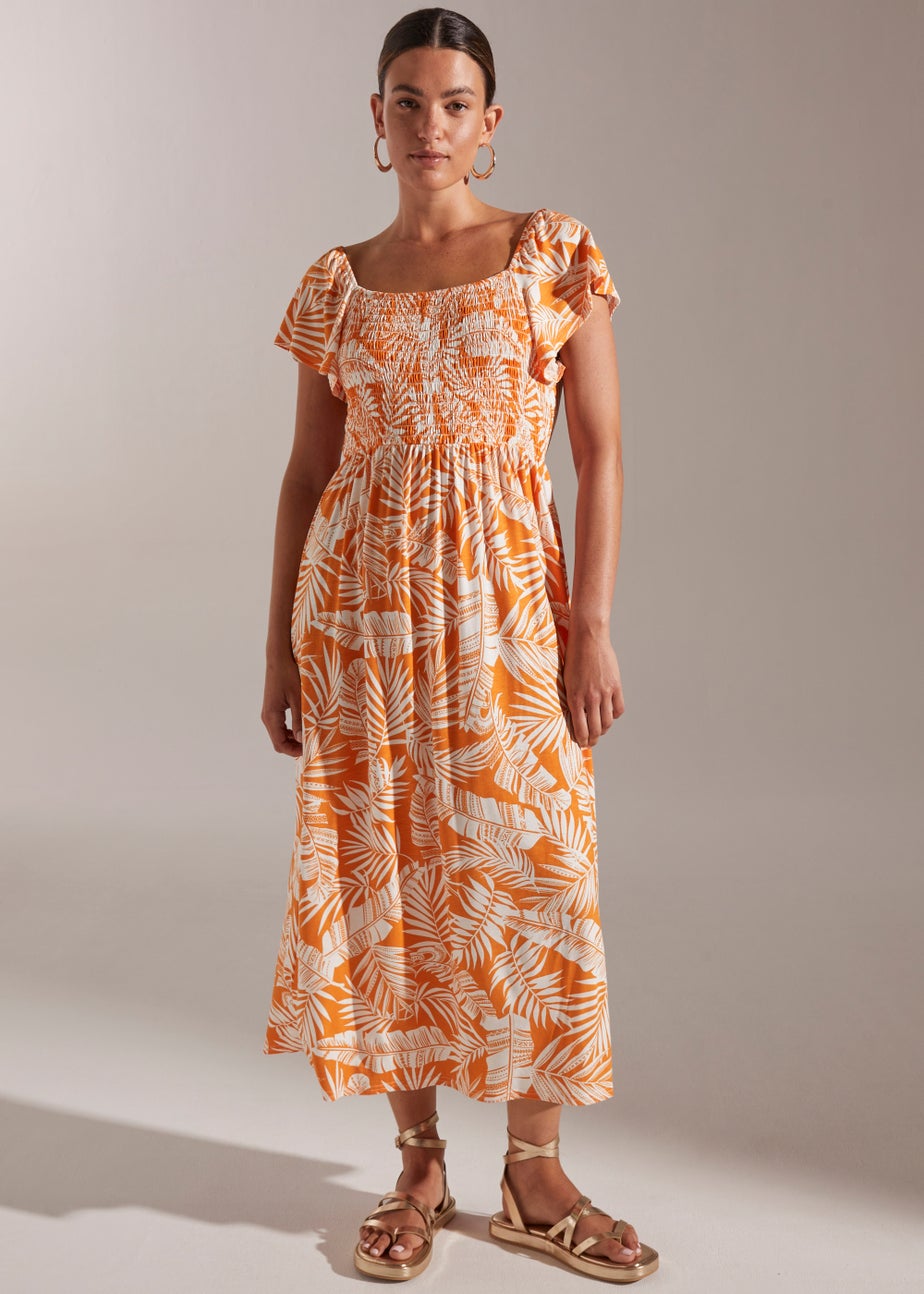 Orange Leaf Print Shirred Dress