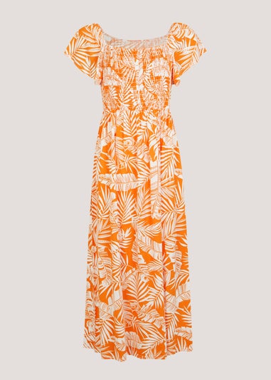 Orange Leaf Print Shirred Dress