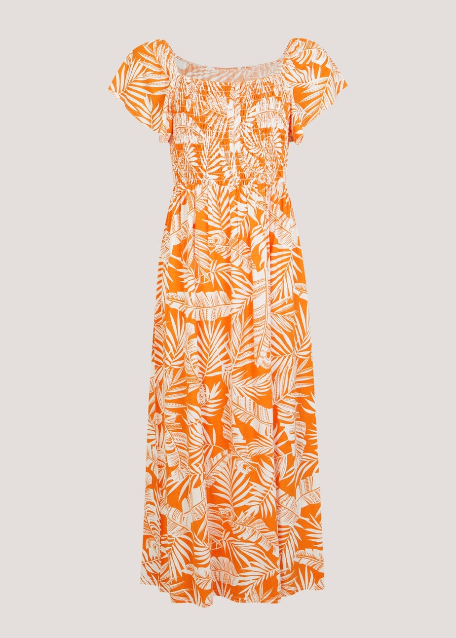 Orange Leaf Print Shirred Dress