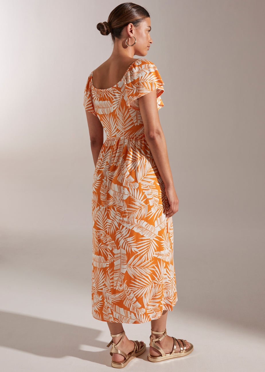 Orange Leaf Print Shirred Dress