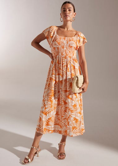 Orange Leaf Print Shirred Dress