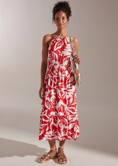 Red Floral High Apex Midi Dress