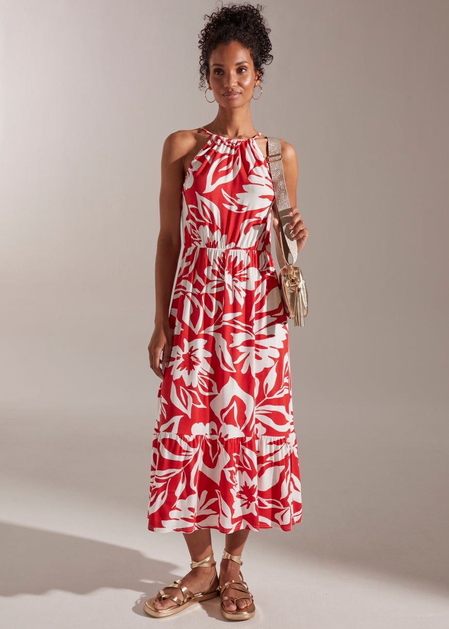 Red Floral High Apex Midi Dress