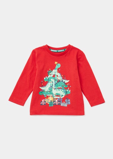 Boys Red Christmas Dinosaur Long Sleeve T-Shirt (9mths-6yrs)