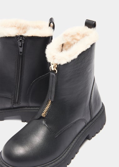 Girls Black Faux Fur Zip Up Boots (Younger 10-Older 5)