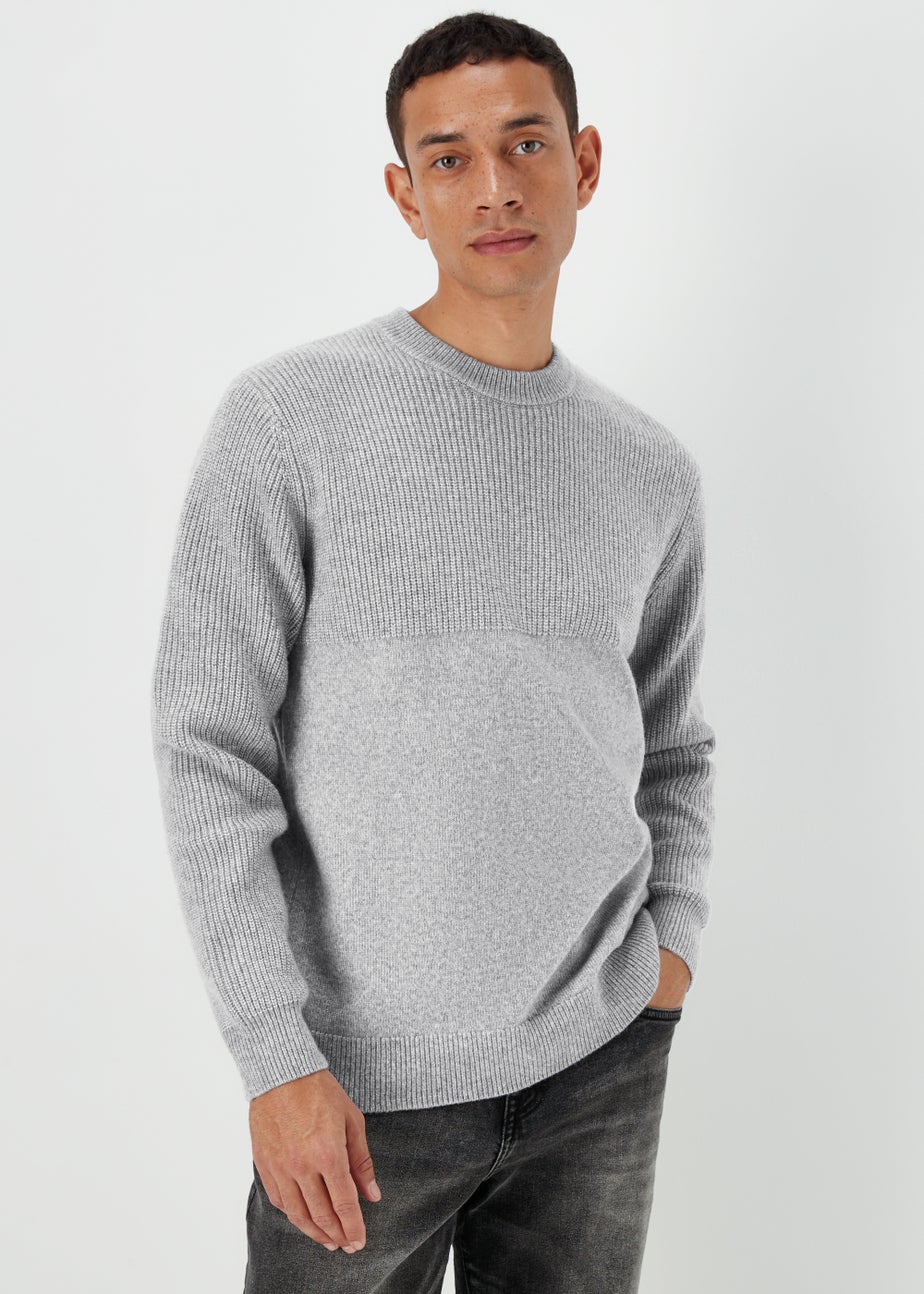 Grey Ribbed Texture Crew Neck Jumper