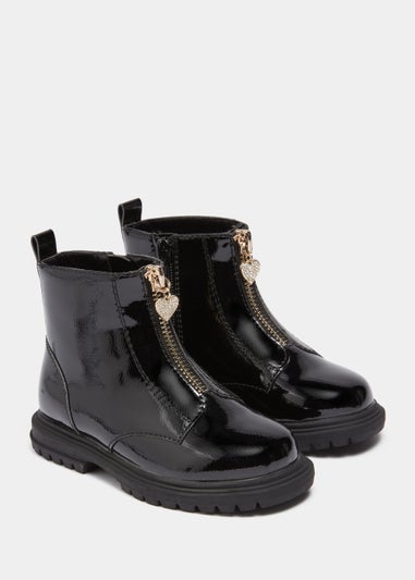 Girls Black Zip Front Boots (Younger 4-9)