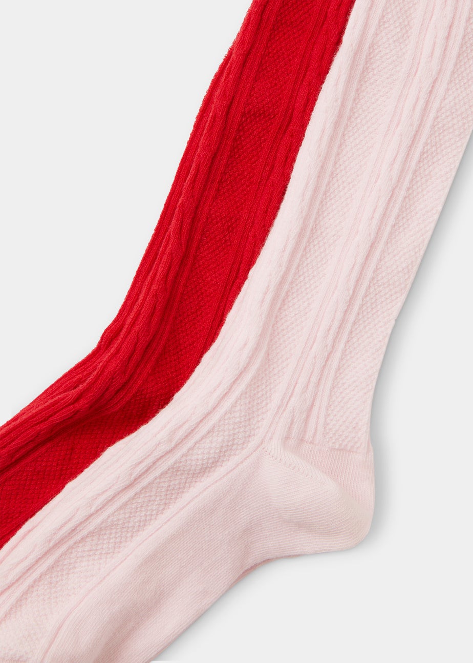Girls 2 Pack Red & Pink Cable Knit Tights (2-9yrs)